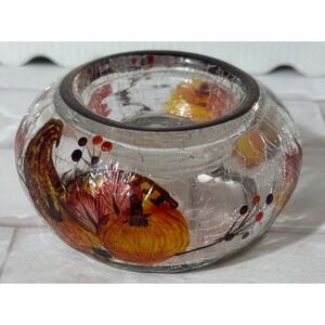 Fall Pumpkin Leaves Hand Painted Crackle Glass Votive Candle Holder Autumn Decor